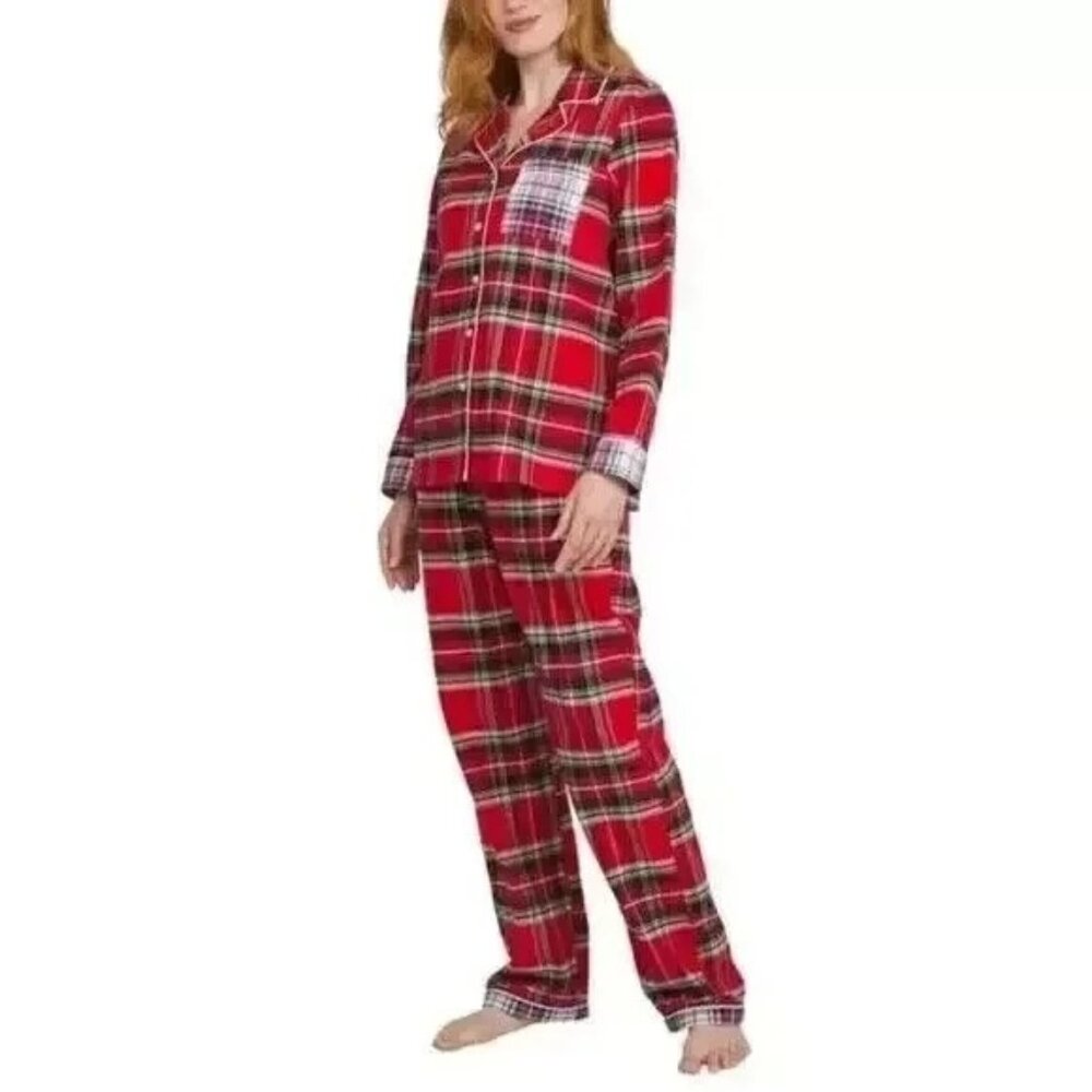 Lands' End Women 2 Piece Flannel Pajama Set Loungewear Button Long Sleeve Pants